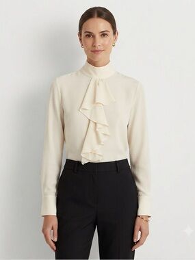 Patrick Christopher Ivory Silk Blouse Size 12 Ruffled Mock Neck Long Sleeve Top